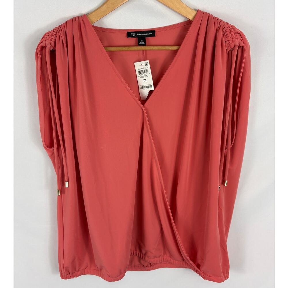 NWT Inc International Concepts Gathered Shoulder Pink Blouse Size 1X